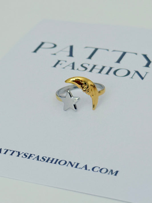 Crescent Moon & Star Open Ring