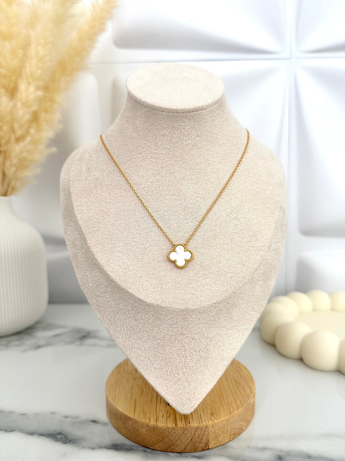 White Pearl Clover Necklace