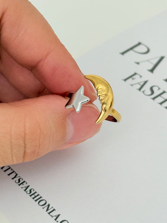Crescent Moon & Star Open Ring